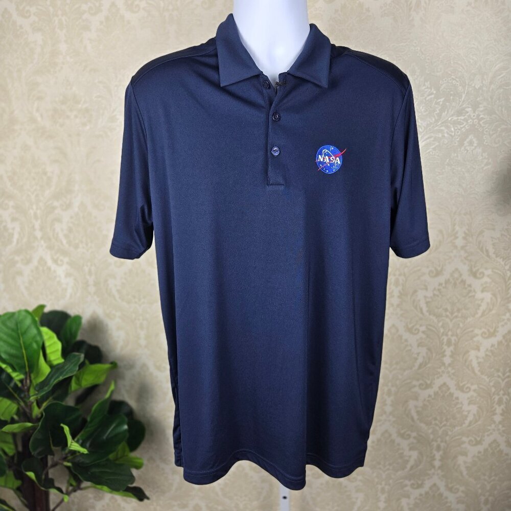 Antigua Size Large Navy Blue Polo Shirt NASA Logo Embroidered Short Sleeve NWT
